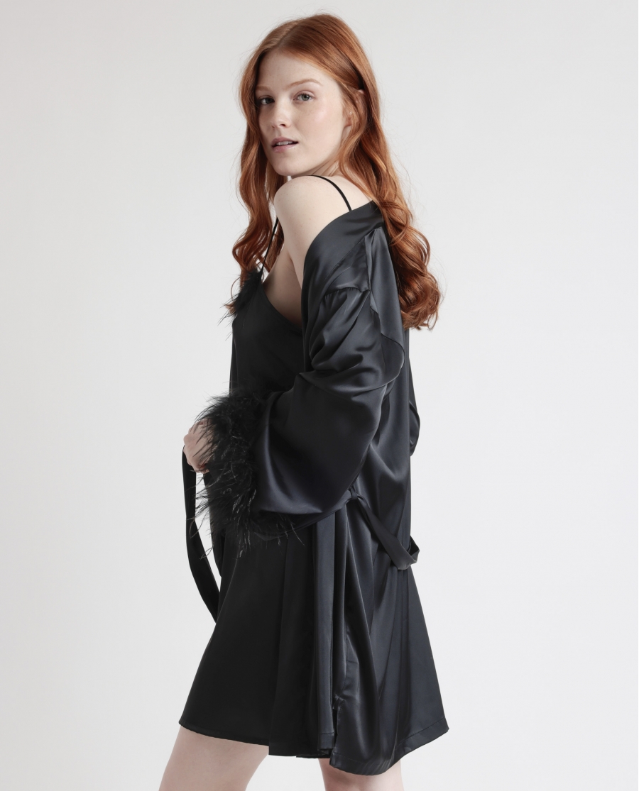 ADMAS LUXURY Bata Manga Larga Marabu Luxe para Mujer NEGRO