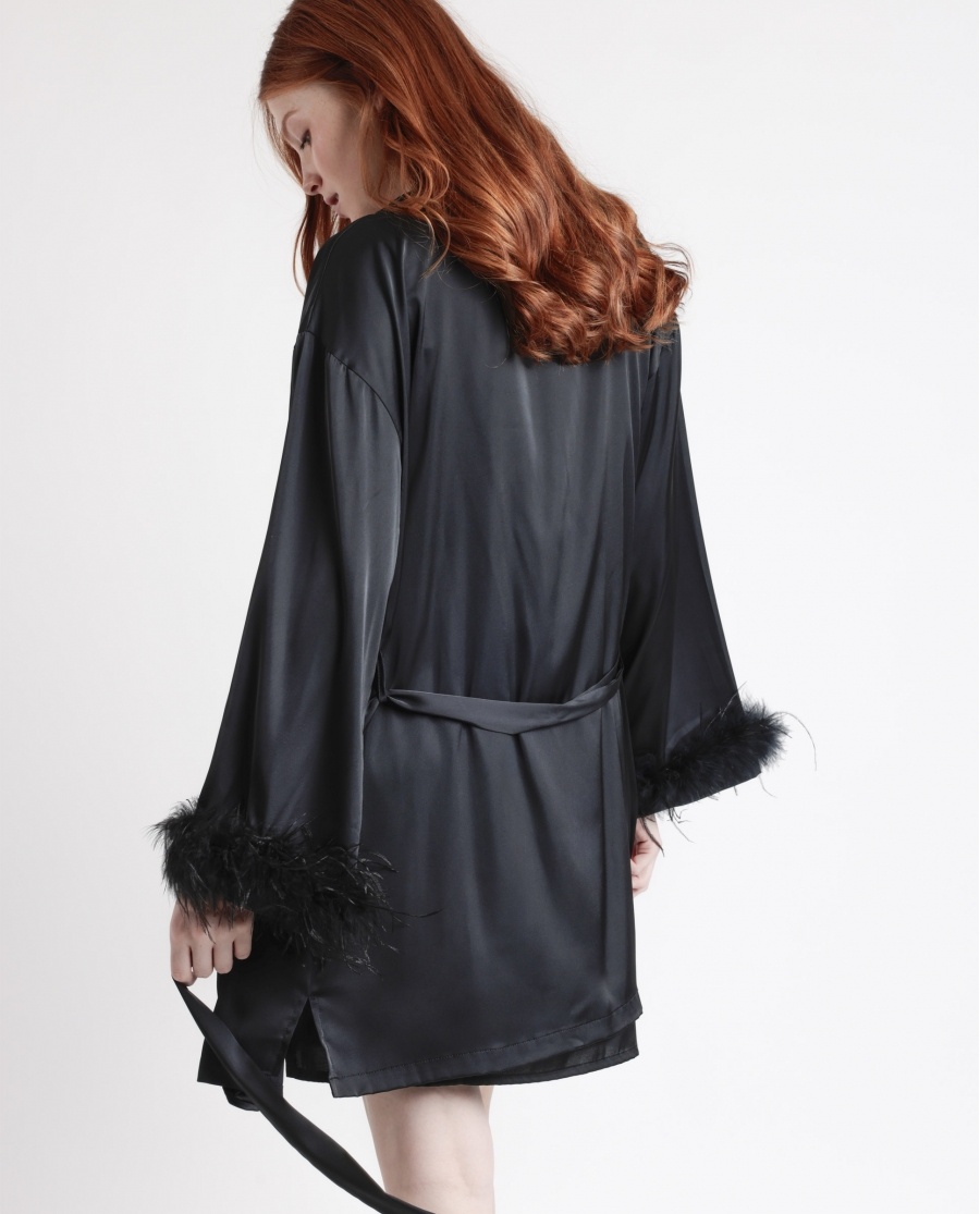 ADMAS LUXURY Bata Manga Larga Marabu Luxe para Mujer NEGRO