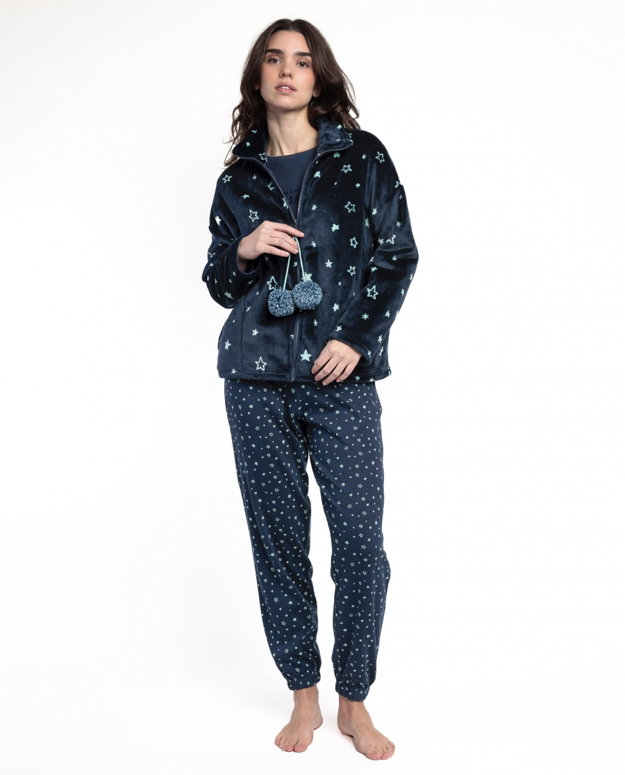 STAY AT HOME Bata Manga Larga Calentita Better In Pajamas para Mujer MARINO