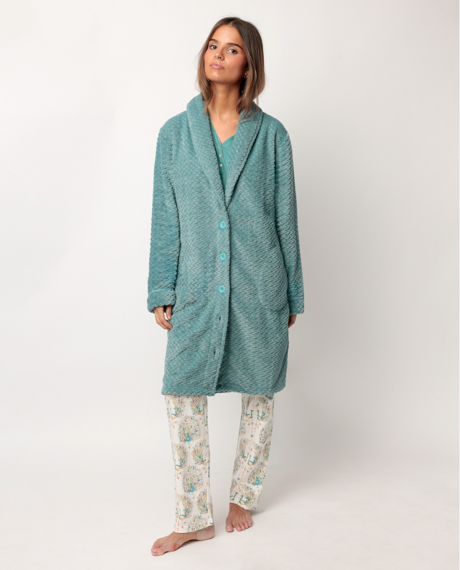 ADMAS GARDEN Bata Manga Larga Calentita Soft Peacock para Mujer AQUA