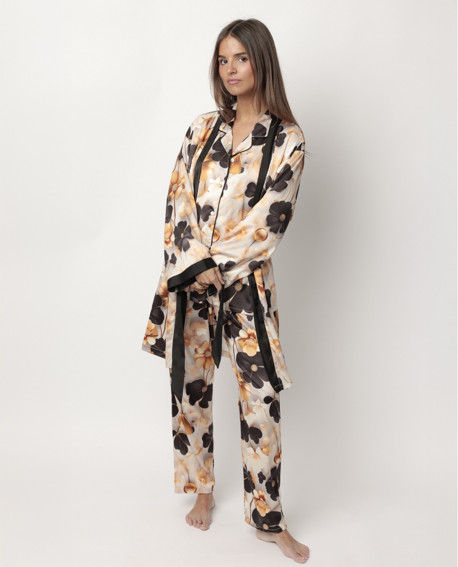 ADMAS LUXURY Bata Manga Larga Satinada Luxury Flowers para Mujer ORO