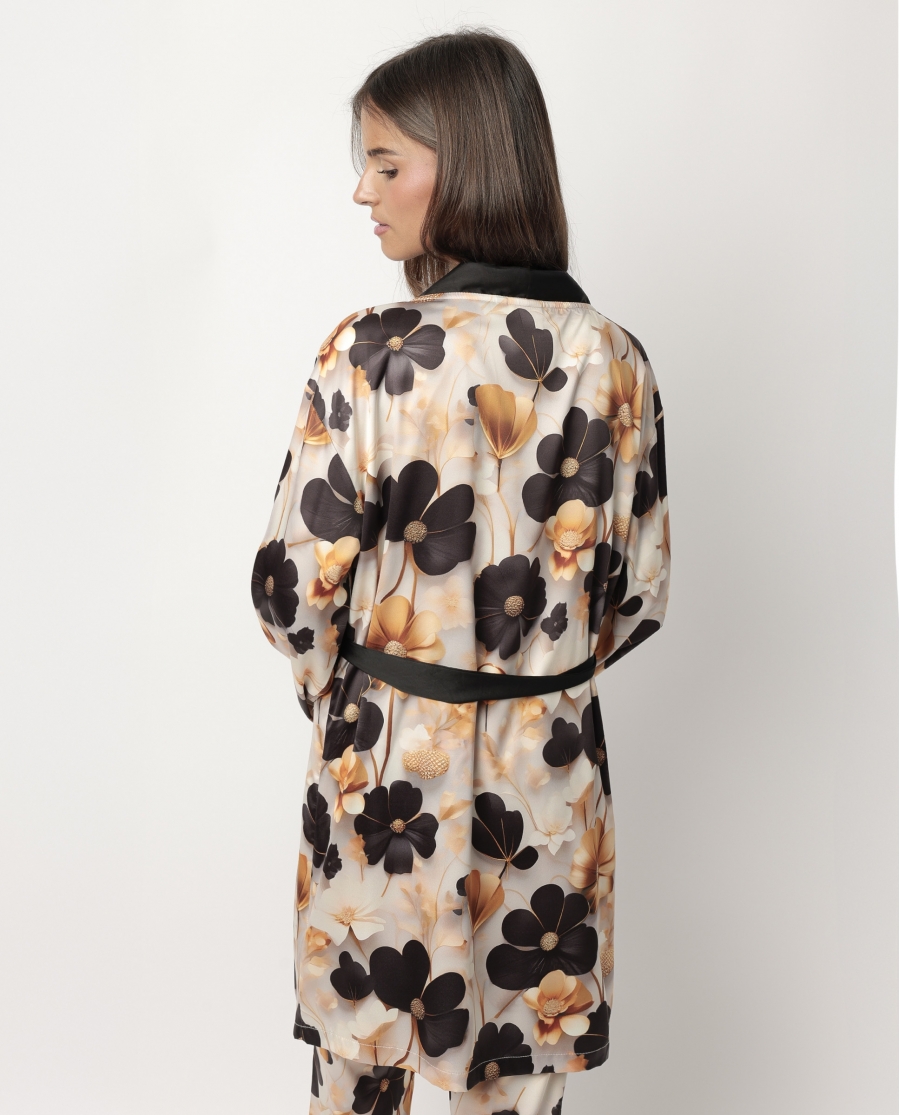 ADMAS LUXURY Bata Manga Larga Satinada Luxury Flowers para Mujer ORO