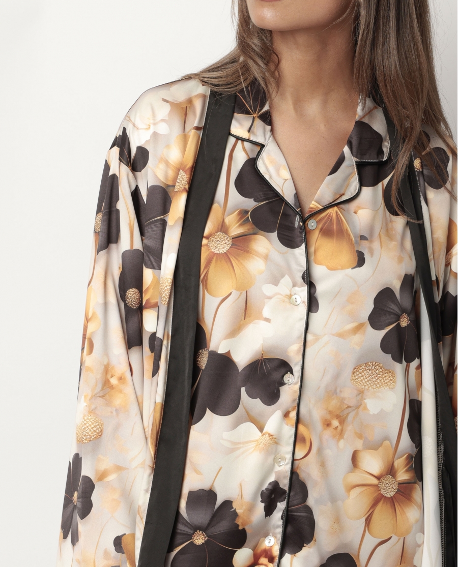 ADMAS LUXURY Bata Manga Larga Satinada Luxury Flowers para Mujer ORO