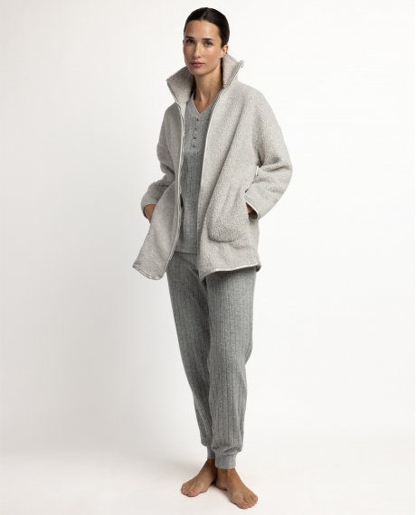 ADMAS HOME Bata Manga Larga Calentita Sherpa Relax Home para Mujer GRIS JASPE