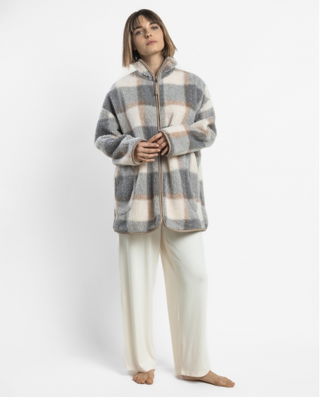 ADMAS Bata Manga Larga Calentita Sherpa Cuadros Dolce Home para Mujer CRUDO