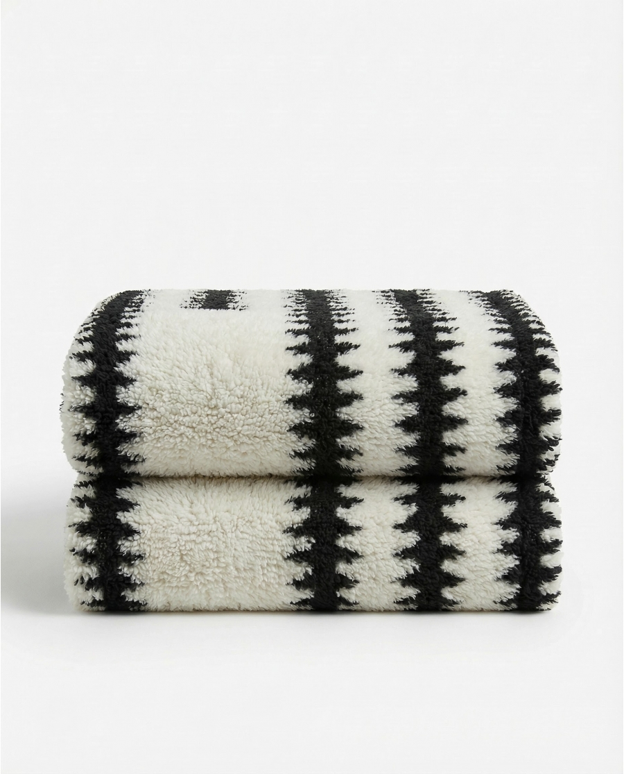 ADMAS Manta Doble Capa Black & White Sherpa Jacquard CRUDO