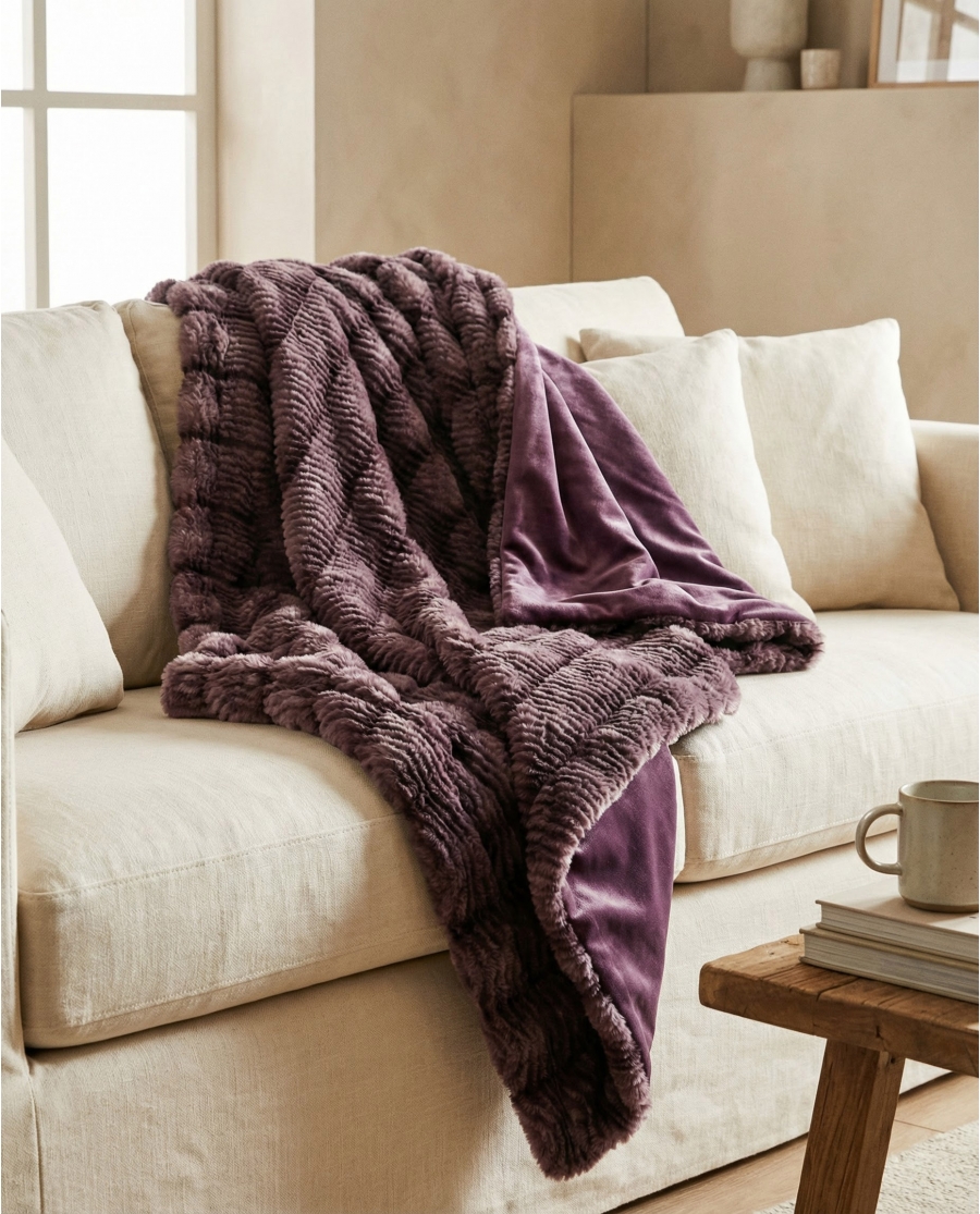 ADMAS Manta Doble Cara Burgundy Luxury Rabbit Faux Fur BERENJENA