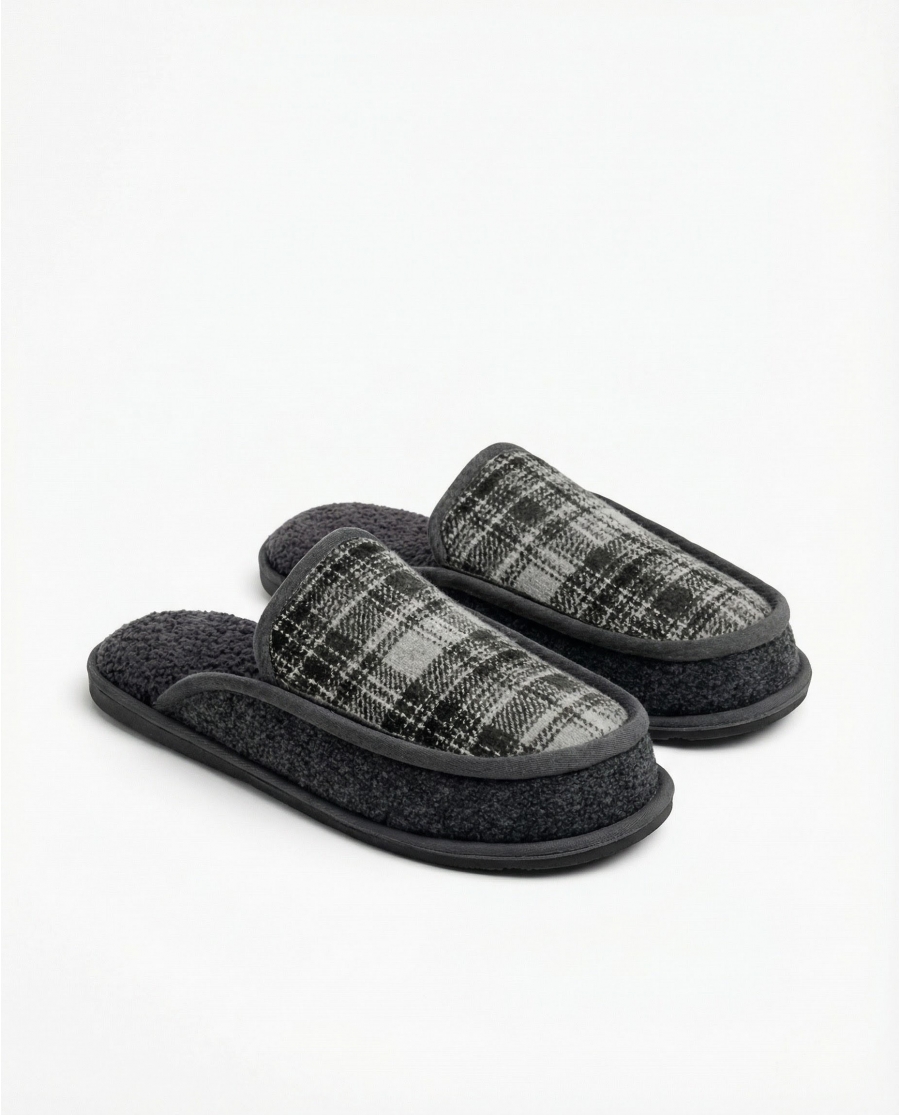 ADMAS Zapatillas De Estar Por Casa Cuadros Borreguito para Hombre, (Caja 6 unidades) GRIS